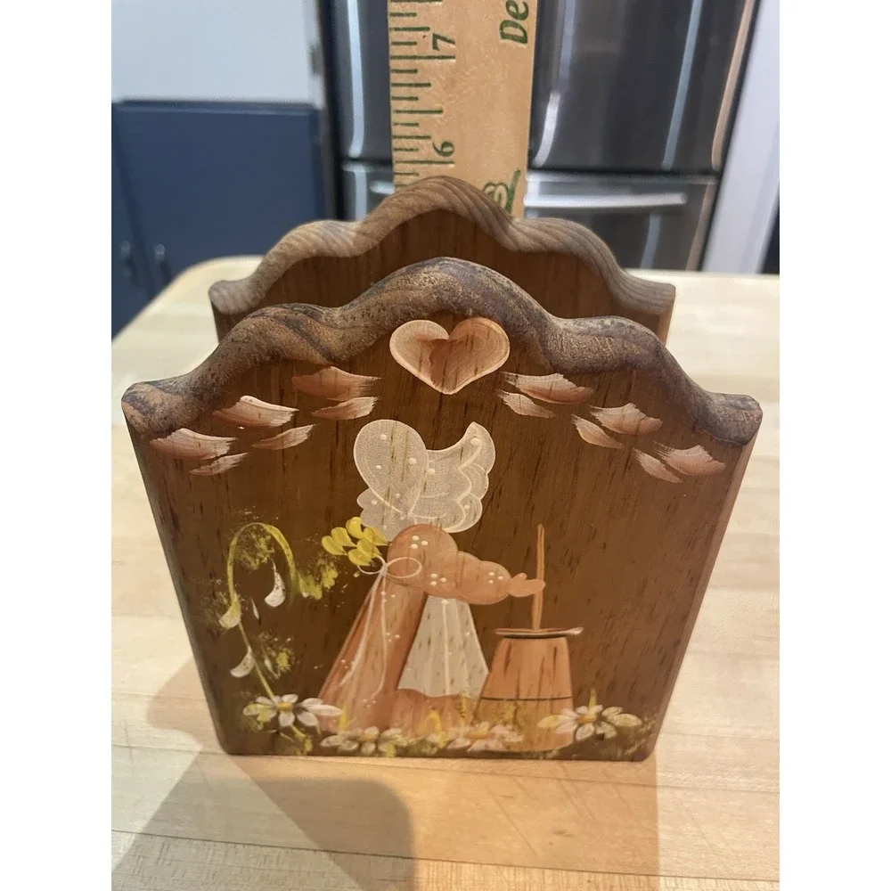 Vtg Wooden Sunbonnet Girl Pie Flowers Hand Painted Napkin Holder Country Prairie